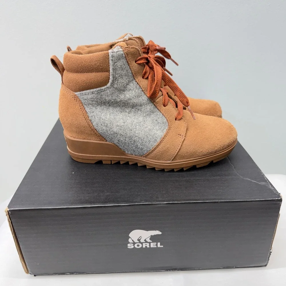 Sorel Evie Brown Suede Grey Felt Lace Up Wedge Ankle Booties Women's‎ 7